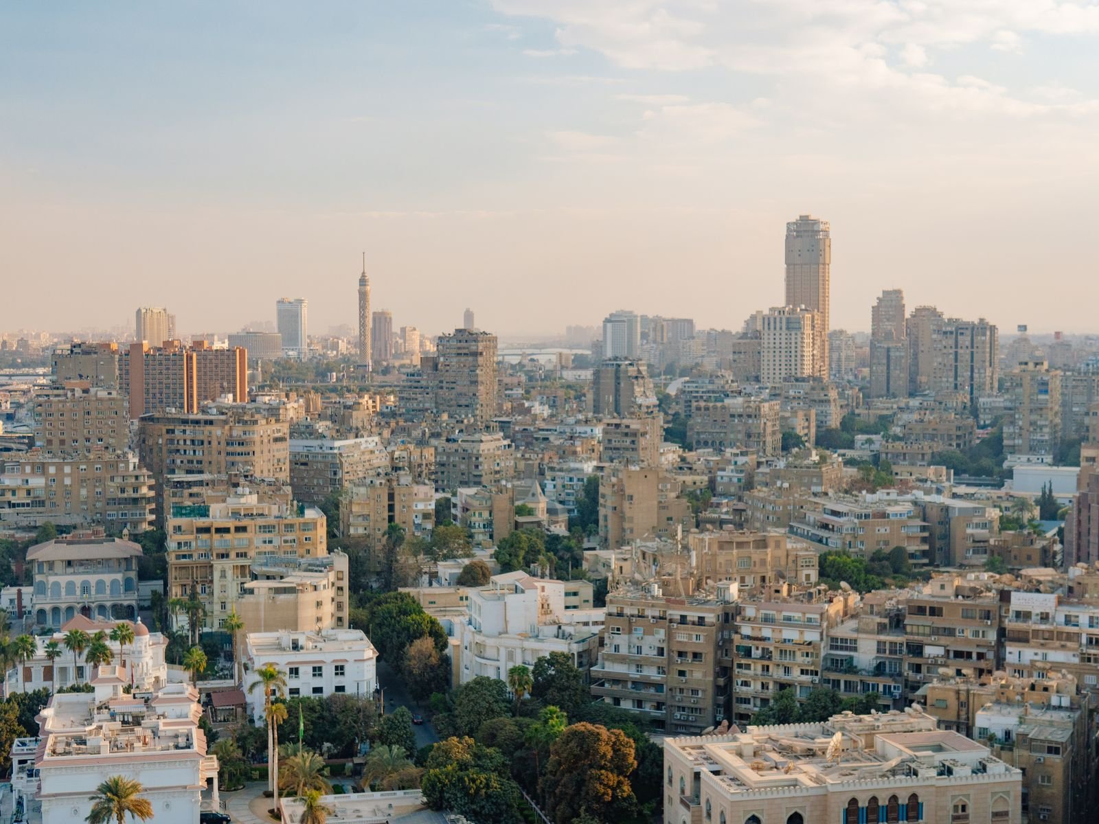 Cairo skyline at dusk with the Cairo Tower in the distance, Egypt