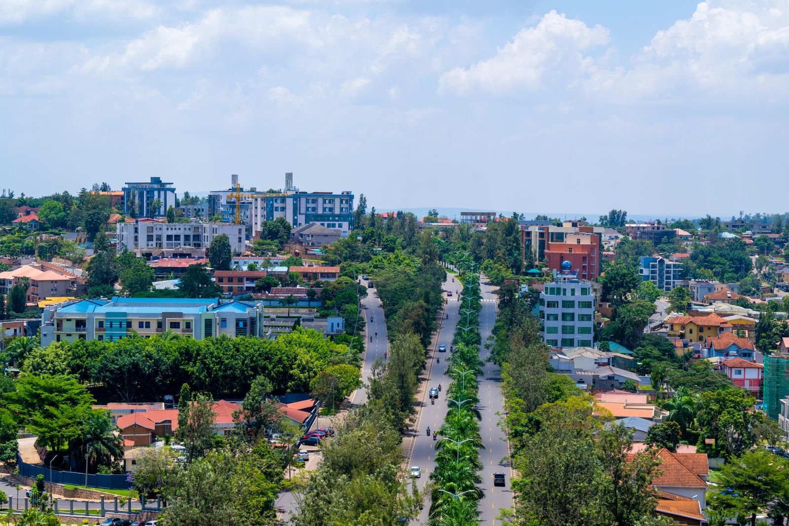 Aerial view of Kigali city with green hills and modern buildings, Rwanda
