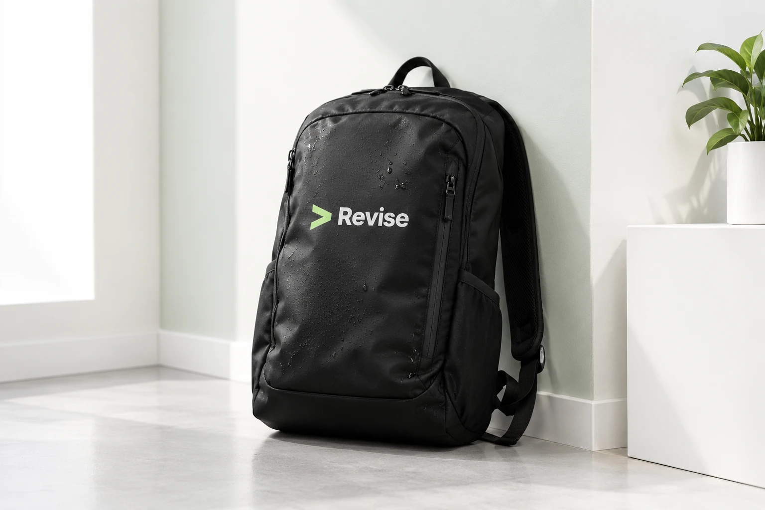 Black backpack with the Revise logo leaning against a white wall