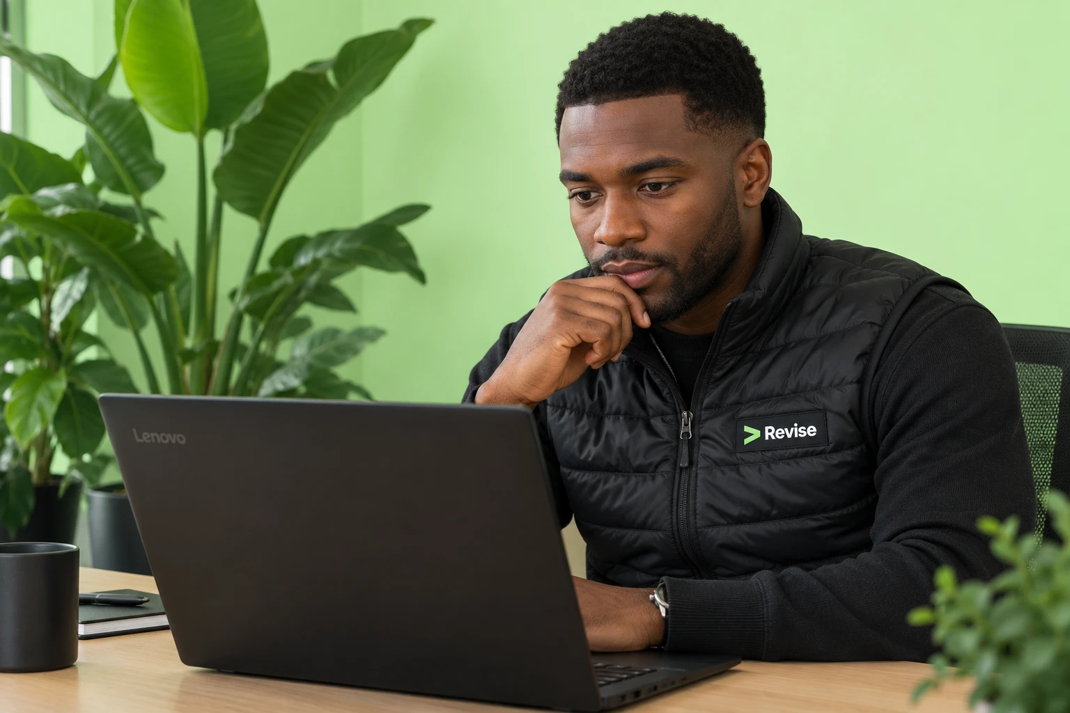Founder in a black Revise vest thinking while working on a laptop