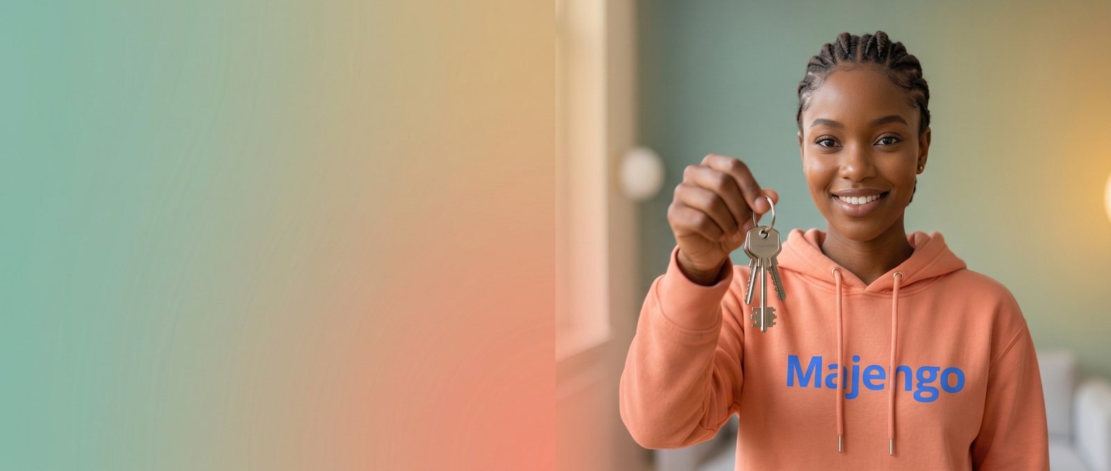 Smiling young woman in a peach hoodie holding up a set of keys