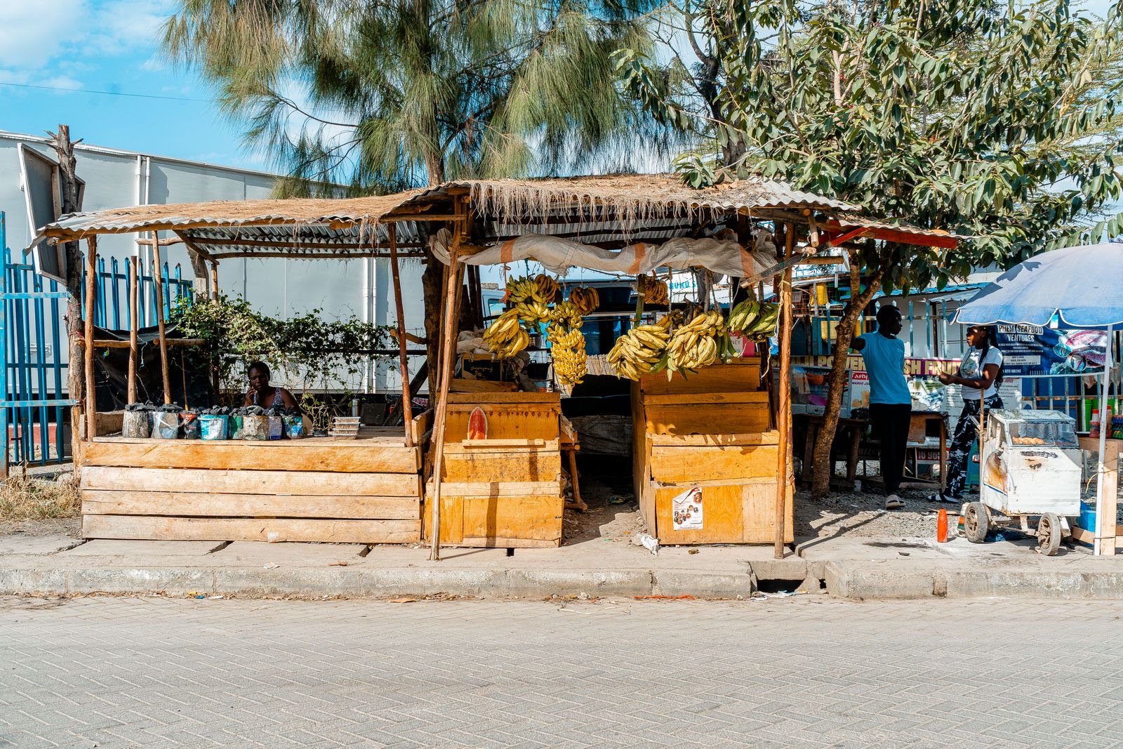 A wooden banana stall at a street market in Nairobi, Kenya