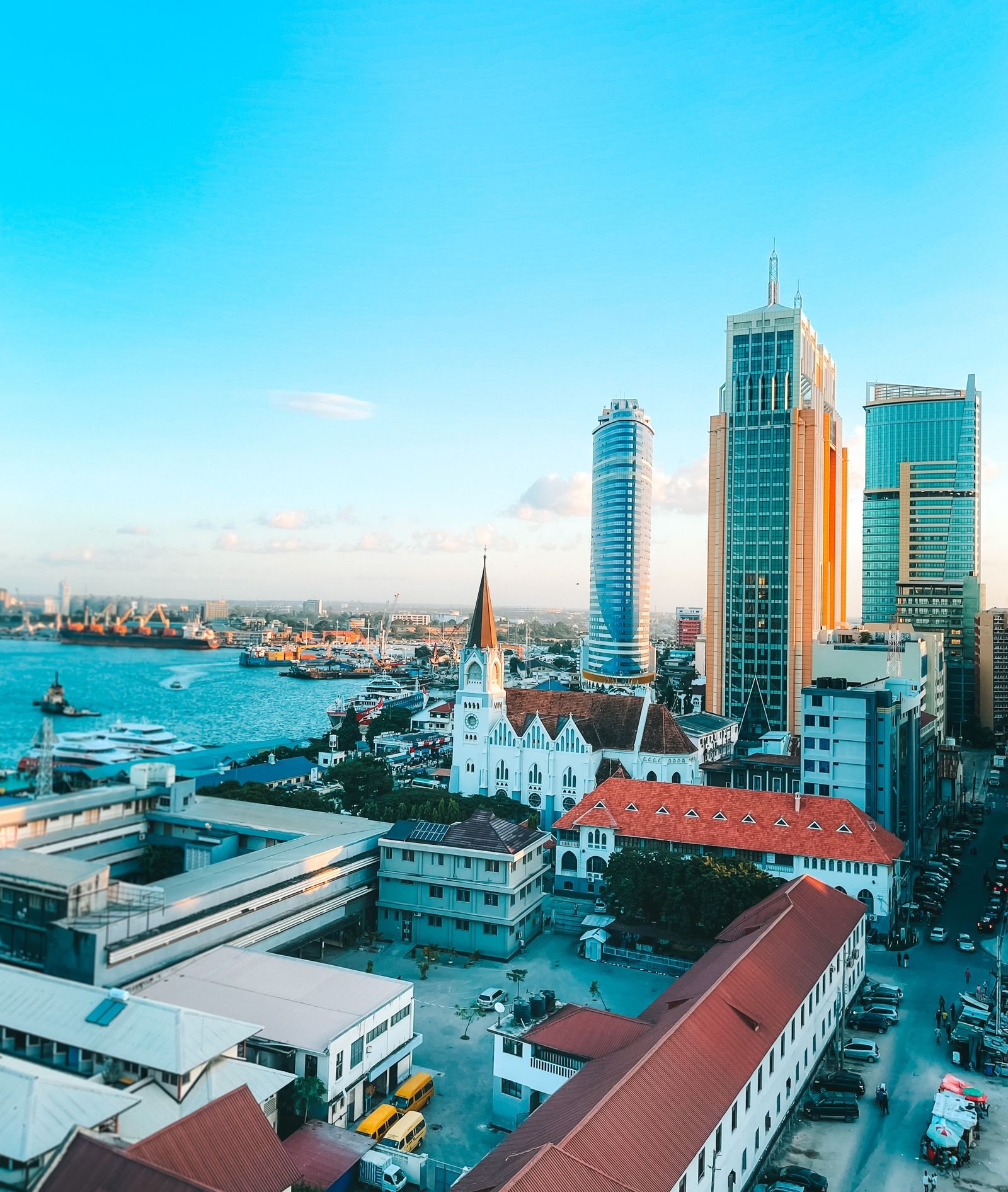 Aerial view of the Dar es Salaam skyline and harbour, Tanzania