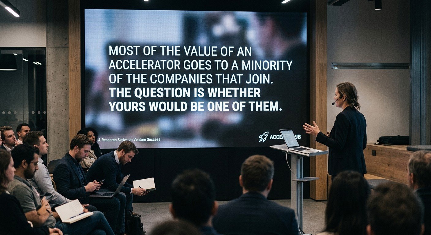Speaker presenting to founders under a slide that reads: most of the value of an accelerator goes to a minority of the companies that join