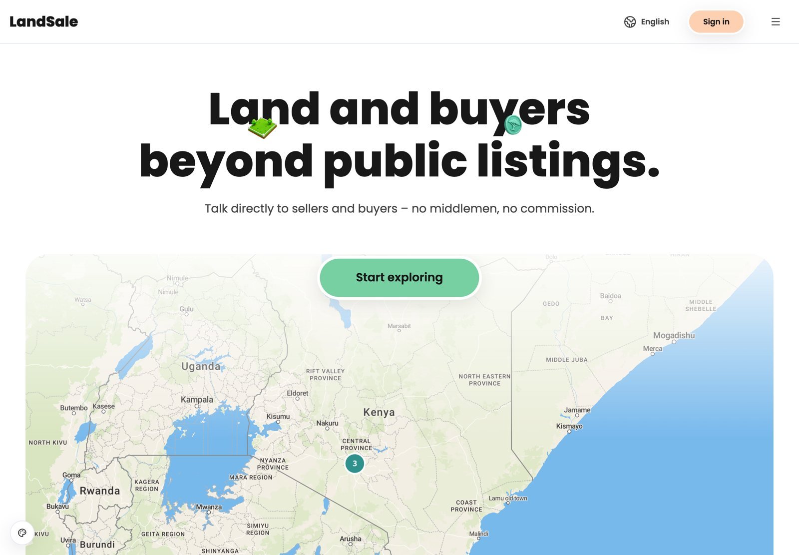 LandSale Africa homepage: Land and buyers beyond public listings, above a map of Kenya